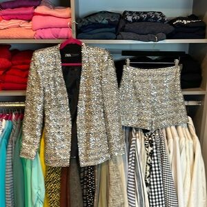 Zara Silver Sequin Women's Blazer and Shorts Set